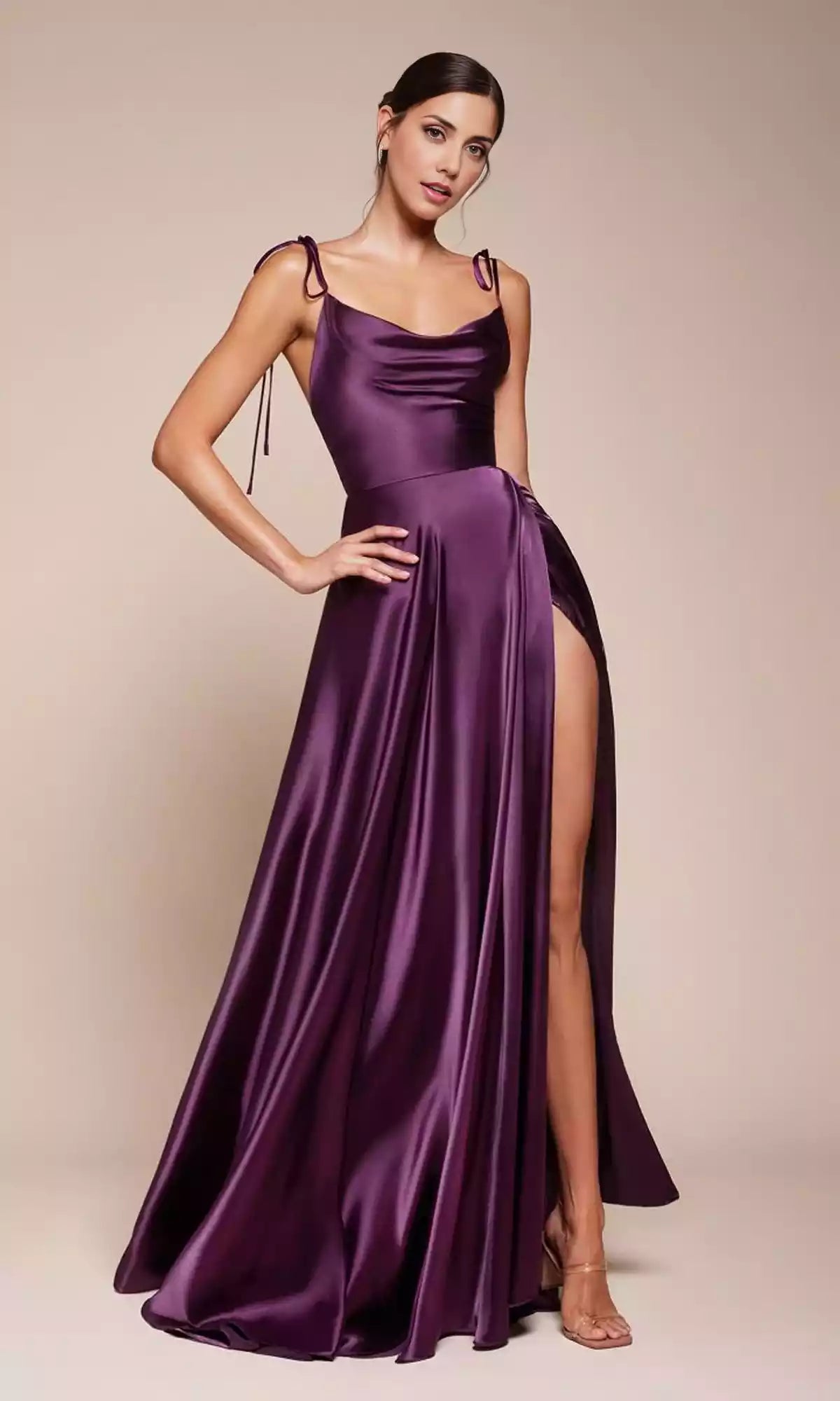 Elegant backless hanging collar satin slim shoulder strap A-line side slit Prom Dresses